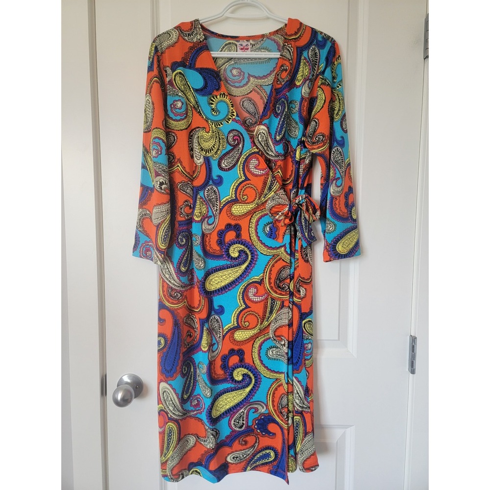 Barclay Womens XL Wrap Dress Orange Blue Paisley 3/4 Sleeve V-Neck Knee Length